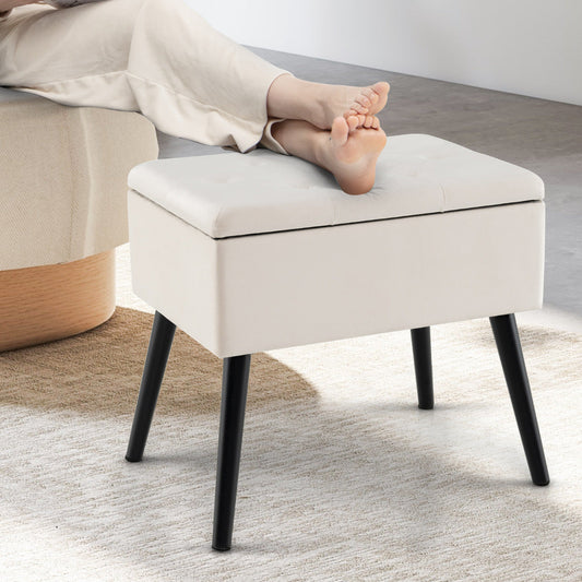 Modern Upholstered Flip Top Velvet Storage Ottoman Footrest-Beige