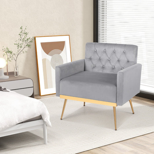 Modern Velvet Accent Chair with Button Tufted Back and Golden Metal Legs-Grey
