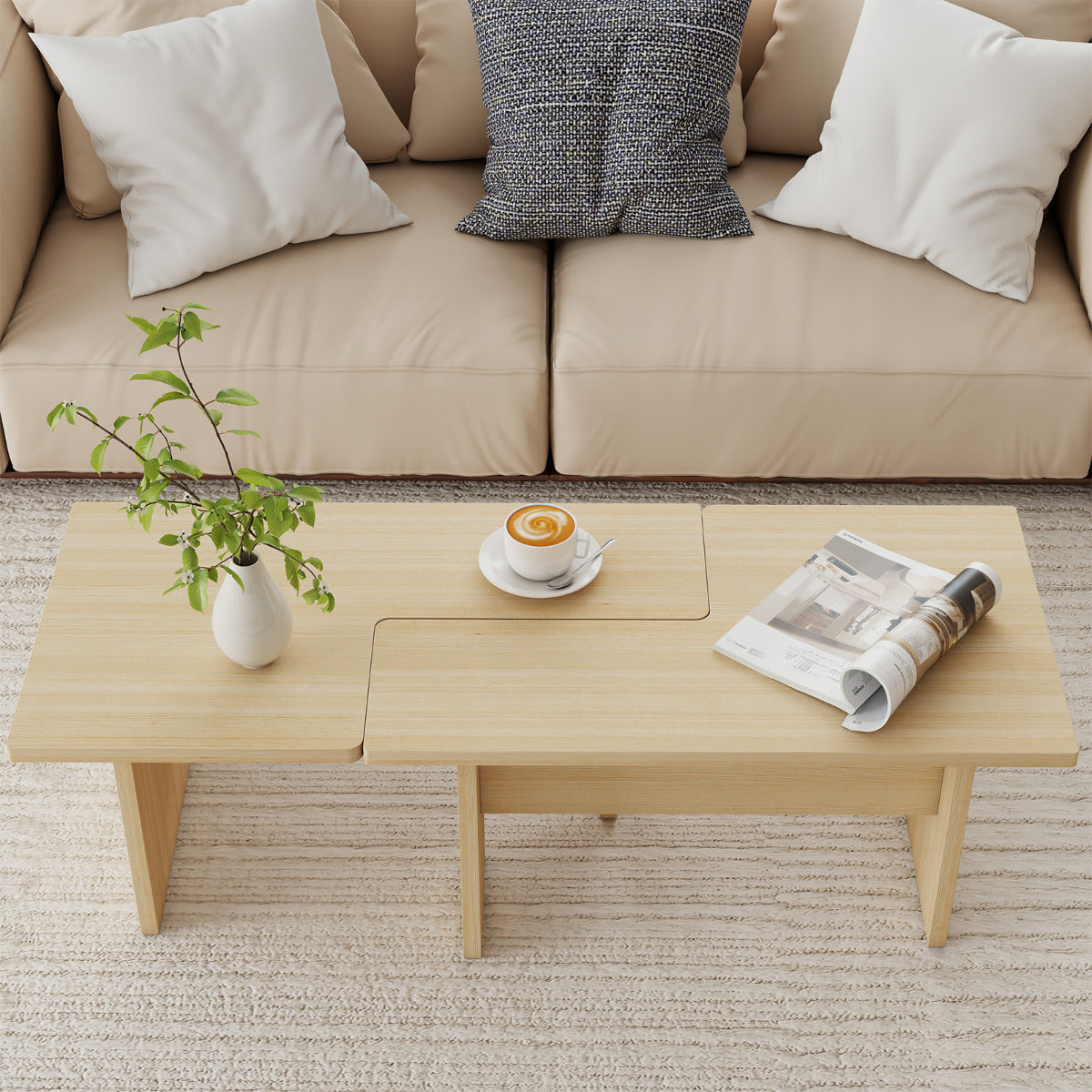 Modular Coffee Table Set of 2 L Shaped Center Tables for Small Space-Oak