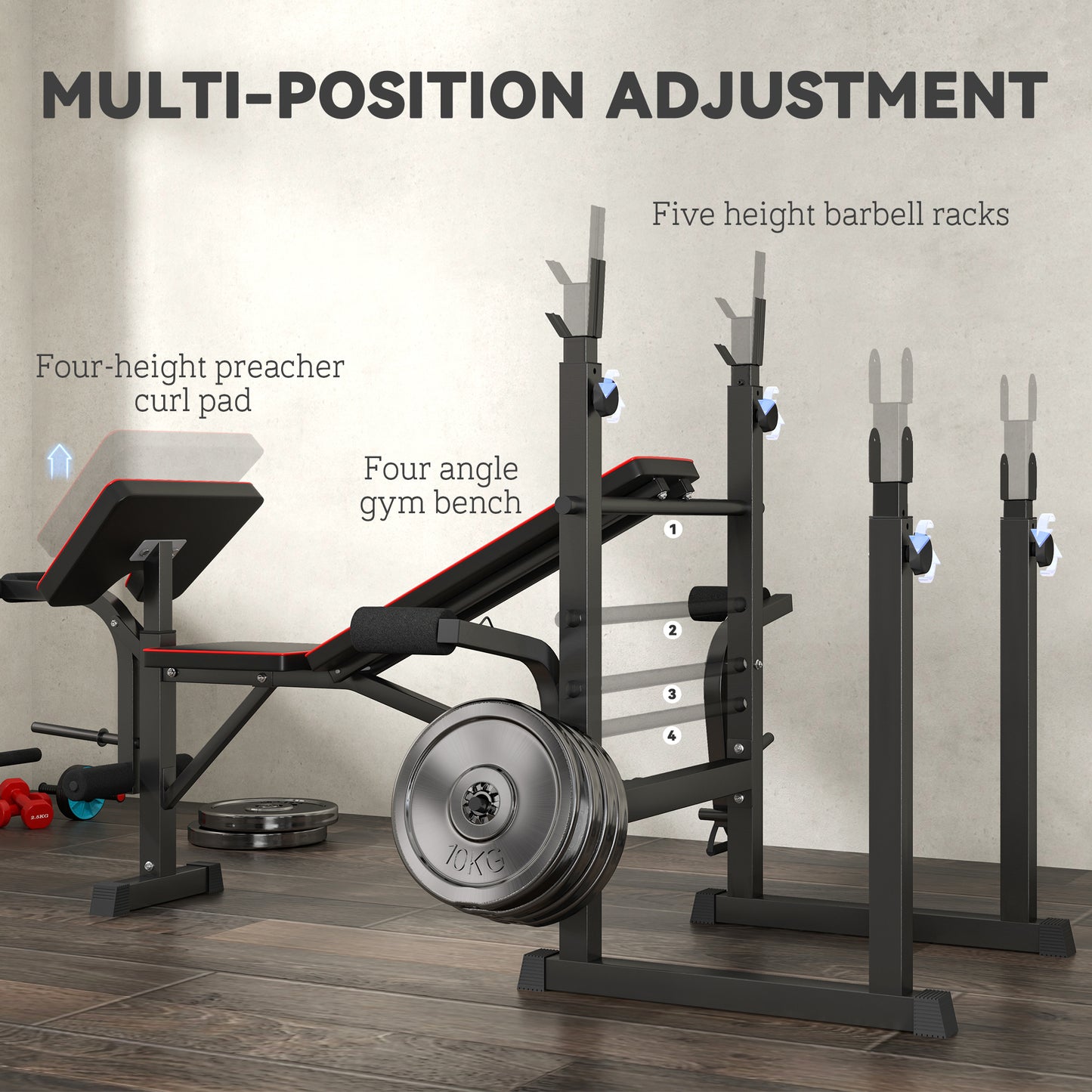 SPORTNOW Folding Weight Bench with Two Barbell Racks, Leg Curl Machine, Preacher Curl Bench, Black