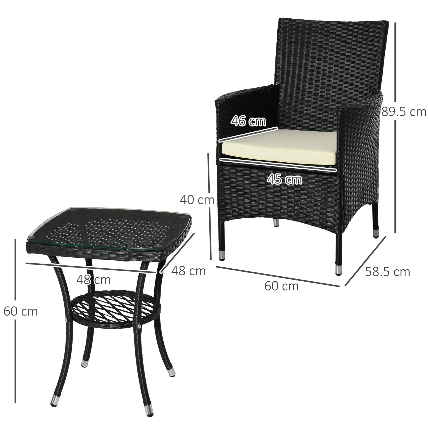 Zestaw mebli ogrodowych Outsunny z rattanu, 3 elementy, zestaw mebli ogrodowych z wikliny, 2-poziomowy stolik kawowy i krzesła, poduszki, na taras, balkon, kolor czarny