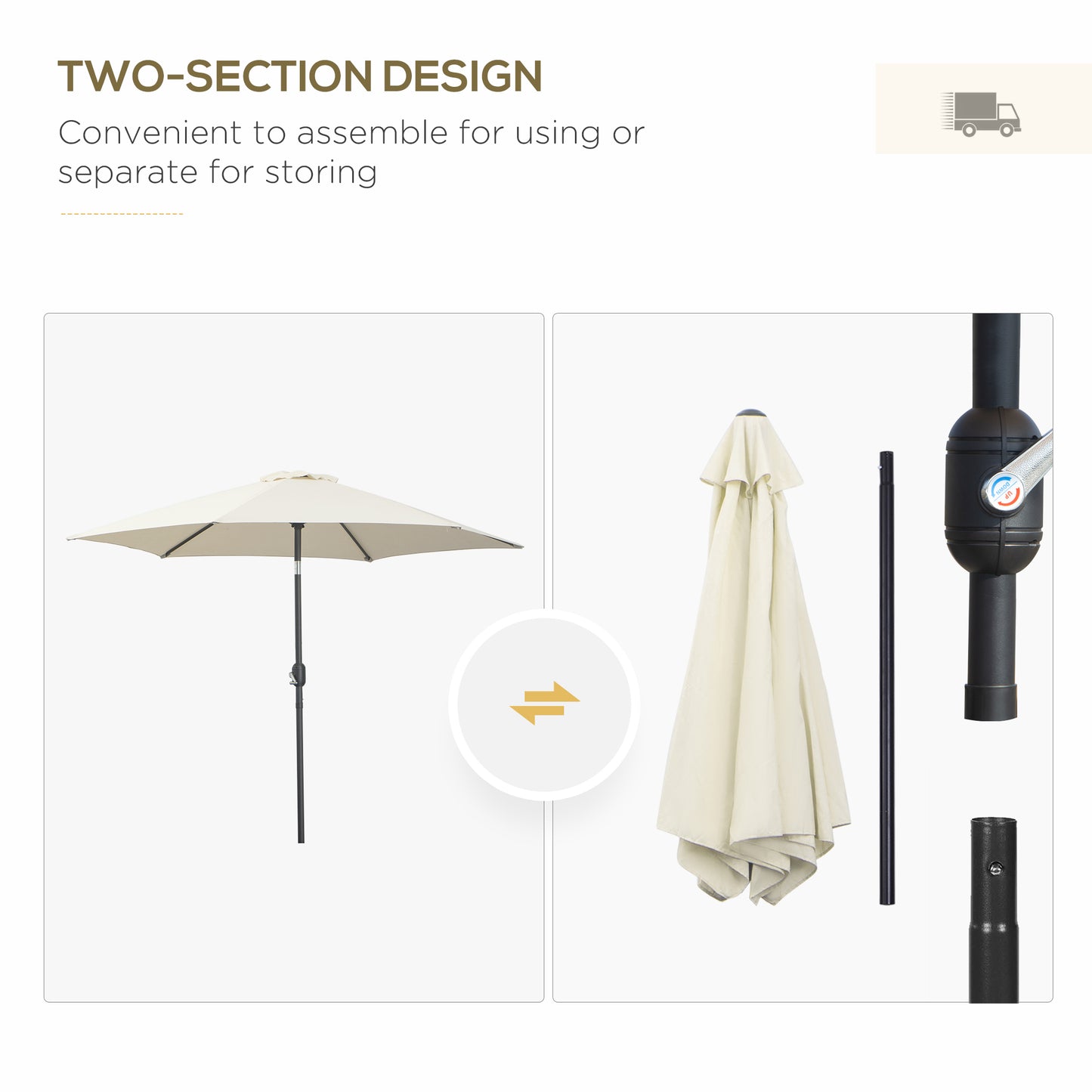 Outsunny2.6M Parasol ogrodowy z pochylanym i korbowym uchwytem, zewnętrzny parasol przeciwsłoneczny z aluminiową ramą, kremowo-biały
