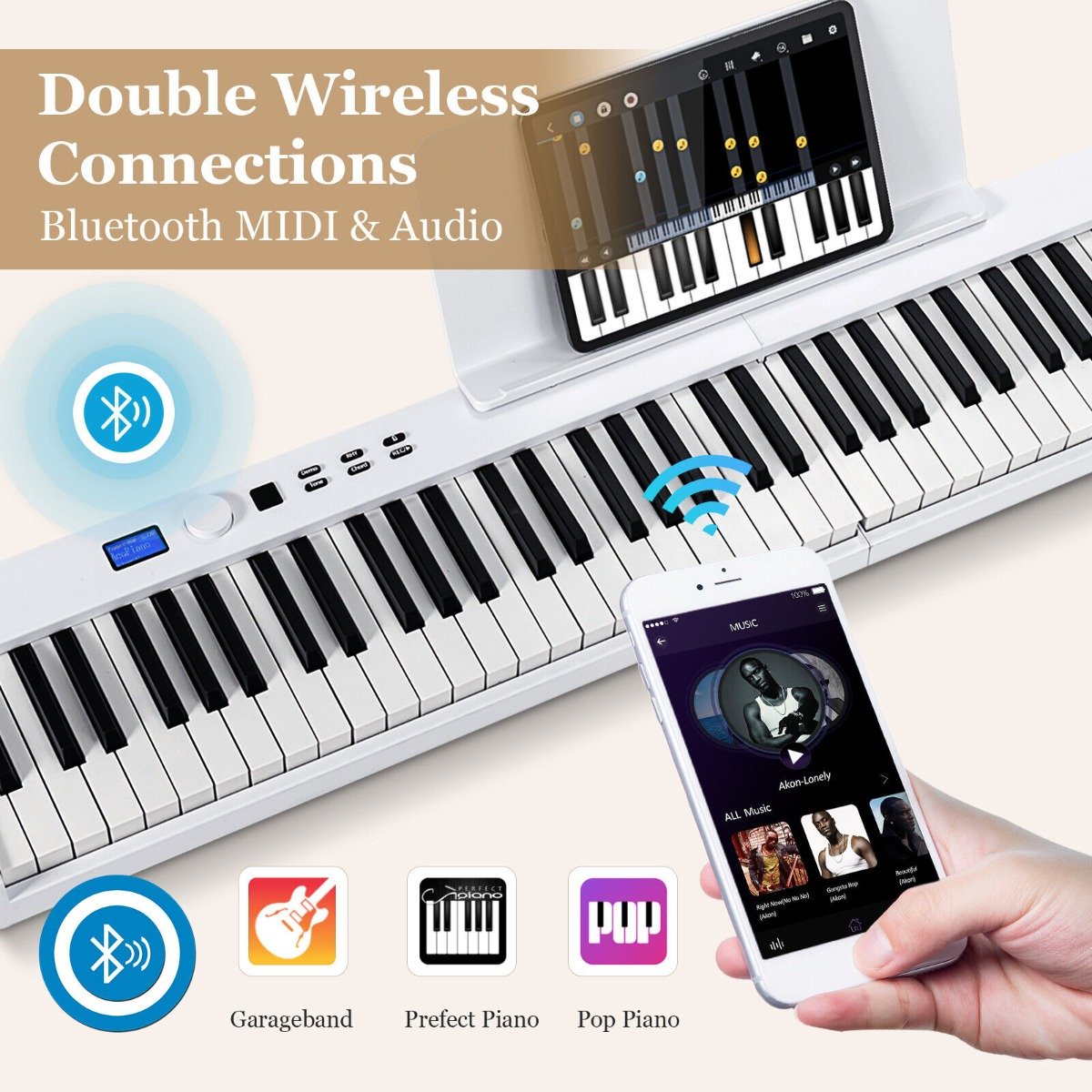 88-Key Foldable Full-Size Semi-Weighted Digital Piano Keyboard with MIDI-White