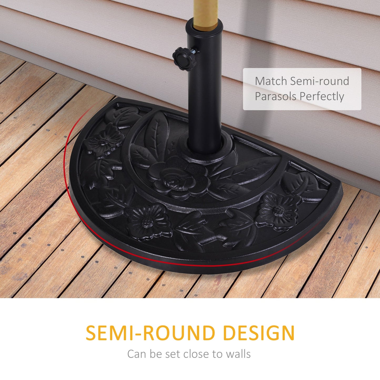 Outsunny 9kg Resin Parasol Base, Half Round Umbrella Stand with Floral Design for Garden, Outdoor, Suitable Umbrella Rod: â3.8cm, â4.8cm, Black