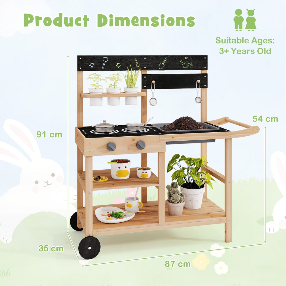 Mud Fir Wood Play Kitchen Kitchen with Wheels and Blackboard-Natural