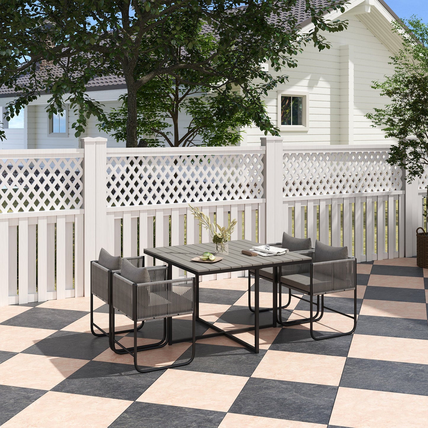 Zestaw mebli ogrodowych Outsunny 4 Seater Rattan Cube, zestaw jadalny z rattanu z poduszkami, stół jadalny i krzesła zewnętrzne z prostokątnym blatem z tworzywa sztucznego o strukturze drewna na patio, balkon, szary