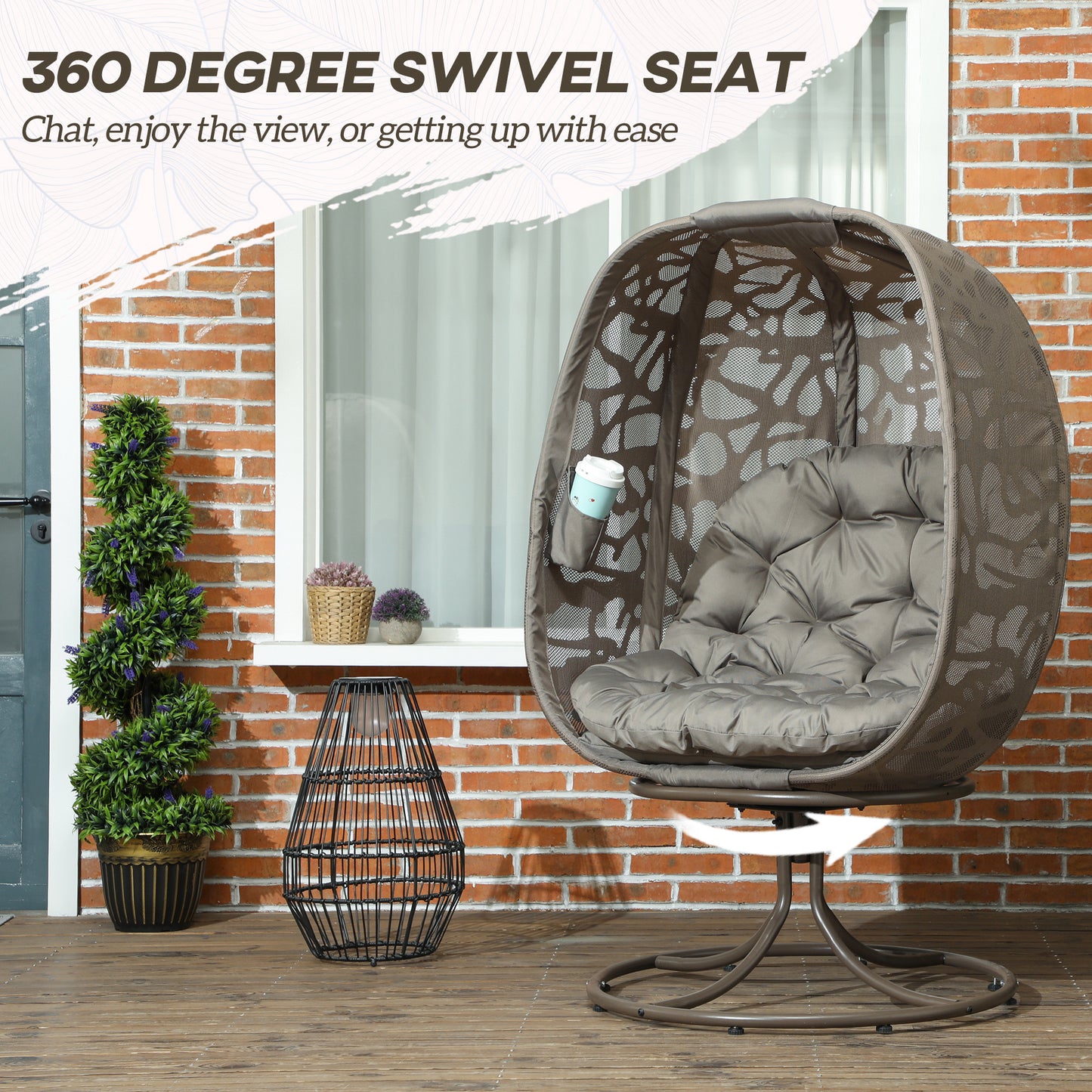 Outsunny Obrotowy fotel Egg z poduszkami, składane siedzisko koszowe i metalowa rama, fotel wypoczynkowy do wewnątrz i na zewnątrz na balkon, przy basenie, na patio i do salonu, piaskowobrązowy