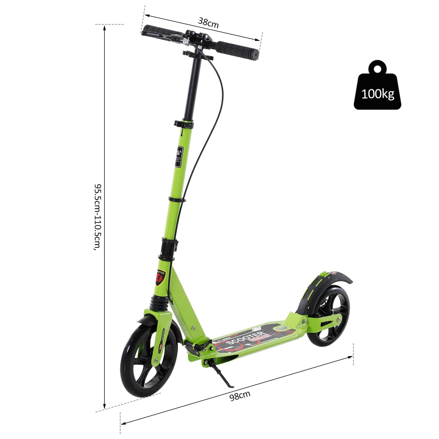 HOMCOM Kick Scooter, Folding 2 Wheel Scooter for 14+ Teens Adults, with Dual Brake System, Dual Suspension, 230mm Big Wheels, 3 Adjustable Handlebar, up to 100KG, Green