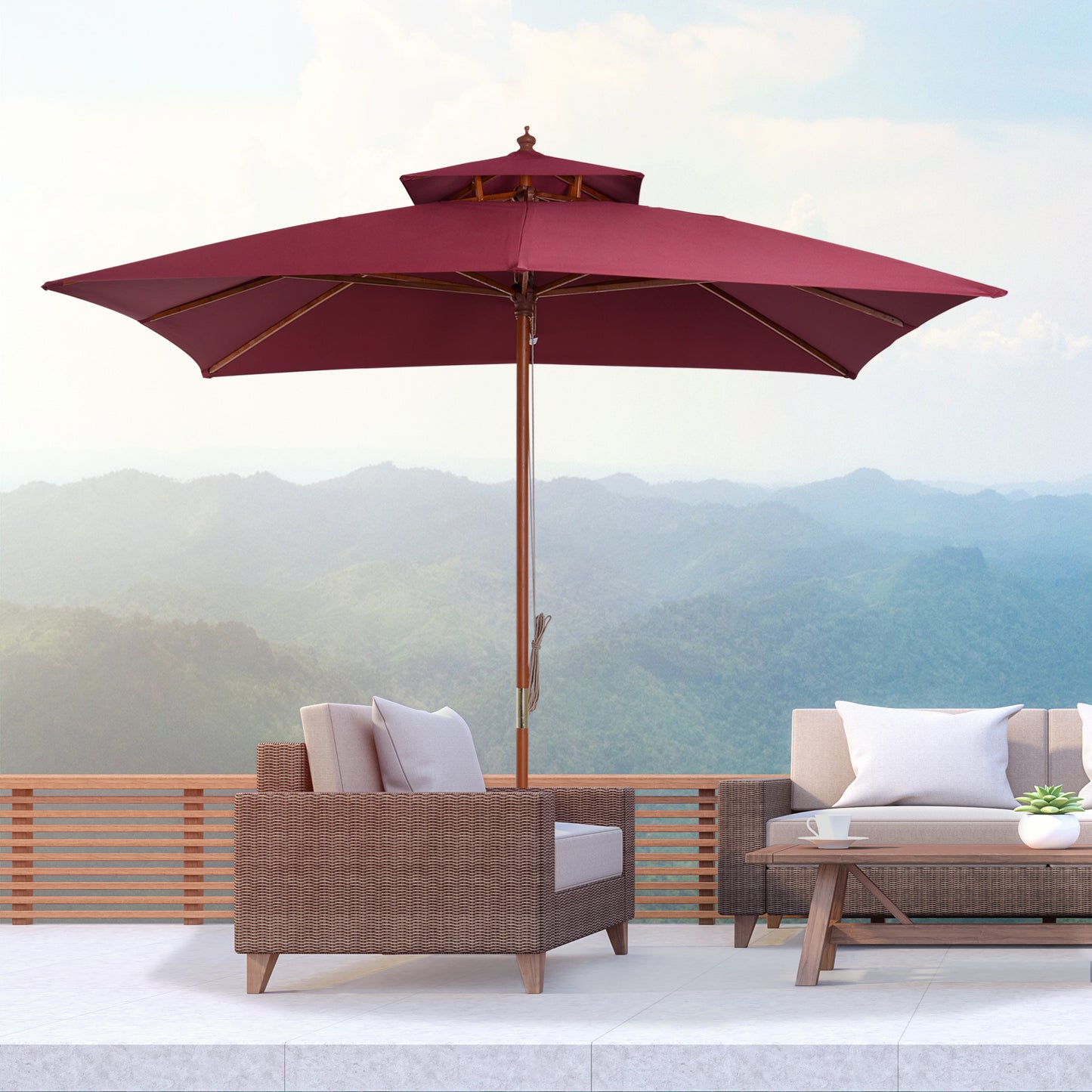 Outsunny 3 x 3(M) Parasol ogrodowy Parasol przeciwsłoneczny, zewnętrzny drewniany parasol z podwójnym baldachimem, bordowy