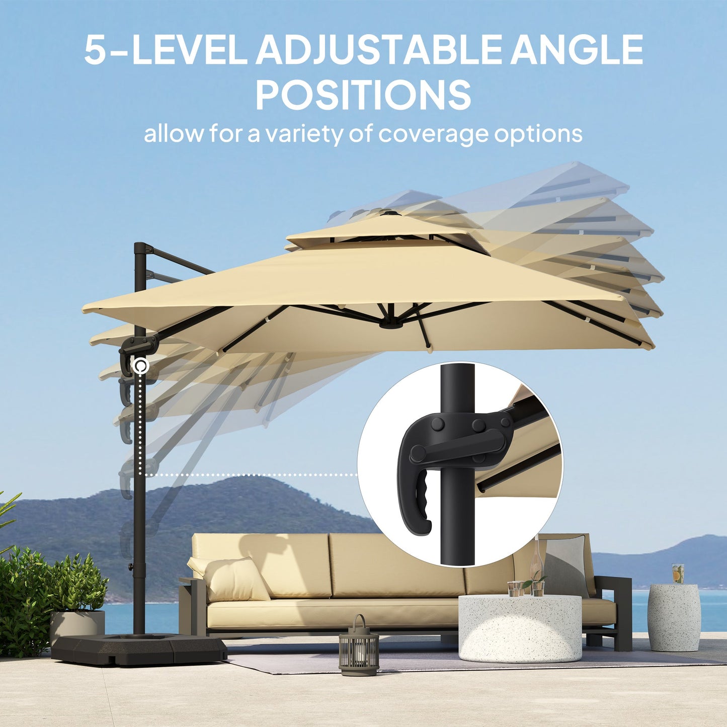 Outsunny 2,7 x 2,7(m) Parasol ogrodowy z aluminiowym stelażem, korbką i nachyleniem, obrót 360√Ǭ∞, podwójny parasol ogrodowy z podstawą i pokrowcem, khaki