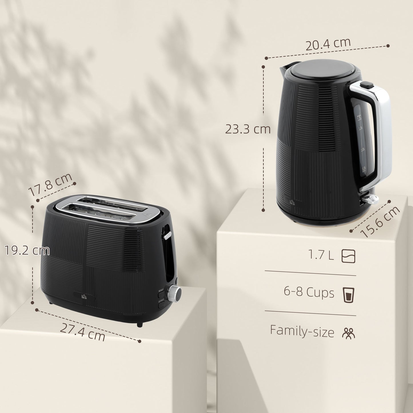 Zestaw HOMCOM z czajnikiem i tosterem, 1,7 l, 3000 W, czajnik z funkcją szybkiego gotowania i tosterem na 2 kromki, 7-stopniową regulacją opiekania, rozmrażaniem, podgrzewaniem, zabezpieczeniem przed gotowaniem na sucho, czarny
