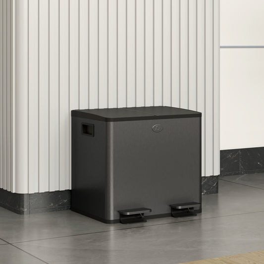 HOMCOM 30L Dual Compartment Stainless Steel Bin, with Deodoriser Holders - Black