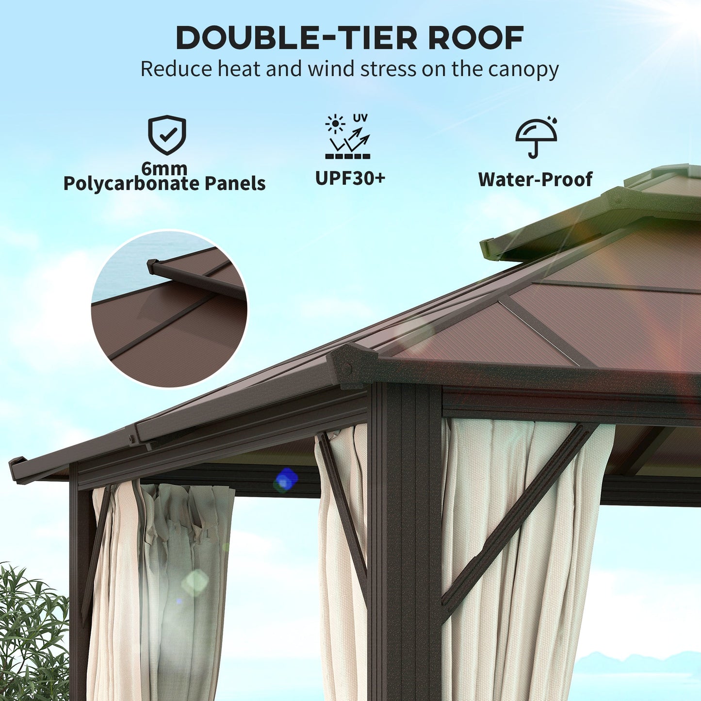 Altana ogrodowa Outsunny 3 x 4 m Hardtop z podwójnym dachem z poliwęglanu UPF30+, aluminiowa rama, stały pawilon z moskitierą i zasłonami na patio, taras, beżowa