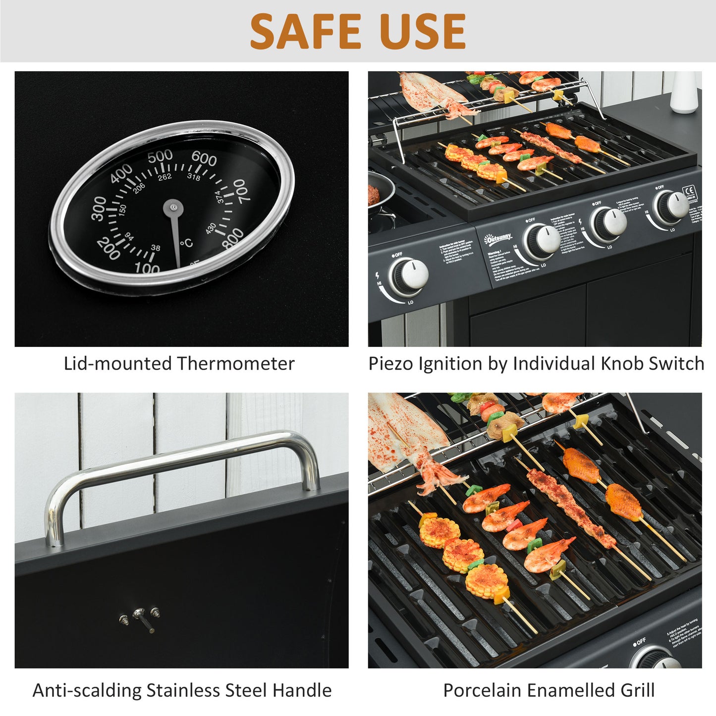 Outsunny 3+1 palnikowy grill gazowy, wózek do grilla na zewnątrz z kółkami, ruszt do podgrzewania, półki boczne, szafka, termometr do ogrodu, na imprezę, kemping, 110L x 50W x 100Hcm, czarny