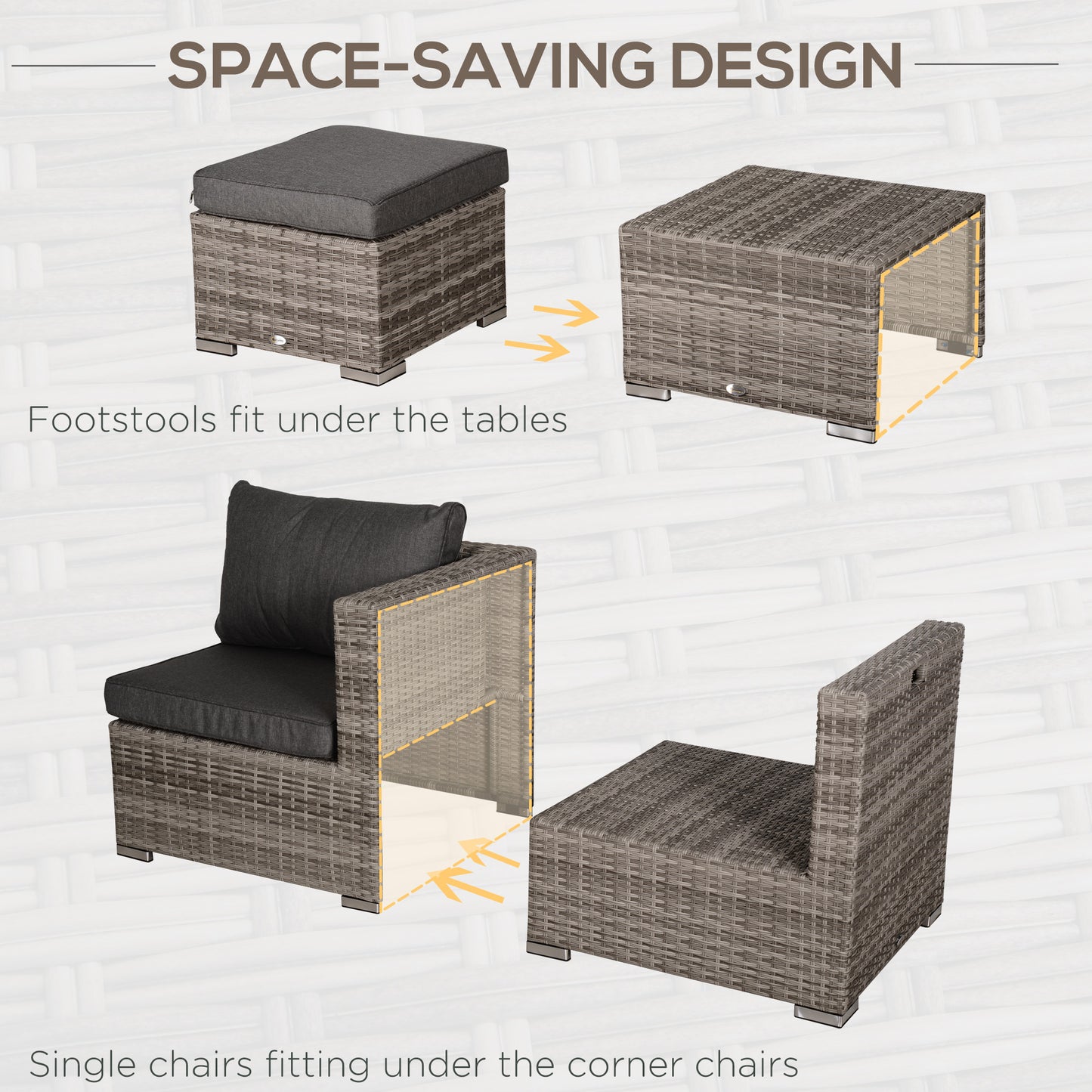 Outsunny 8 Pieces PE Rattan Sofa Set with Cushions, Garden Corner Sofa with 4 Seater Sofa, 2 Footstools and 2 Coffee Table Set, Space-saving Design, No Assembly Required, Grey