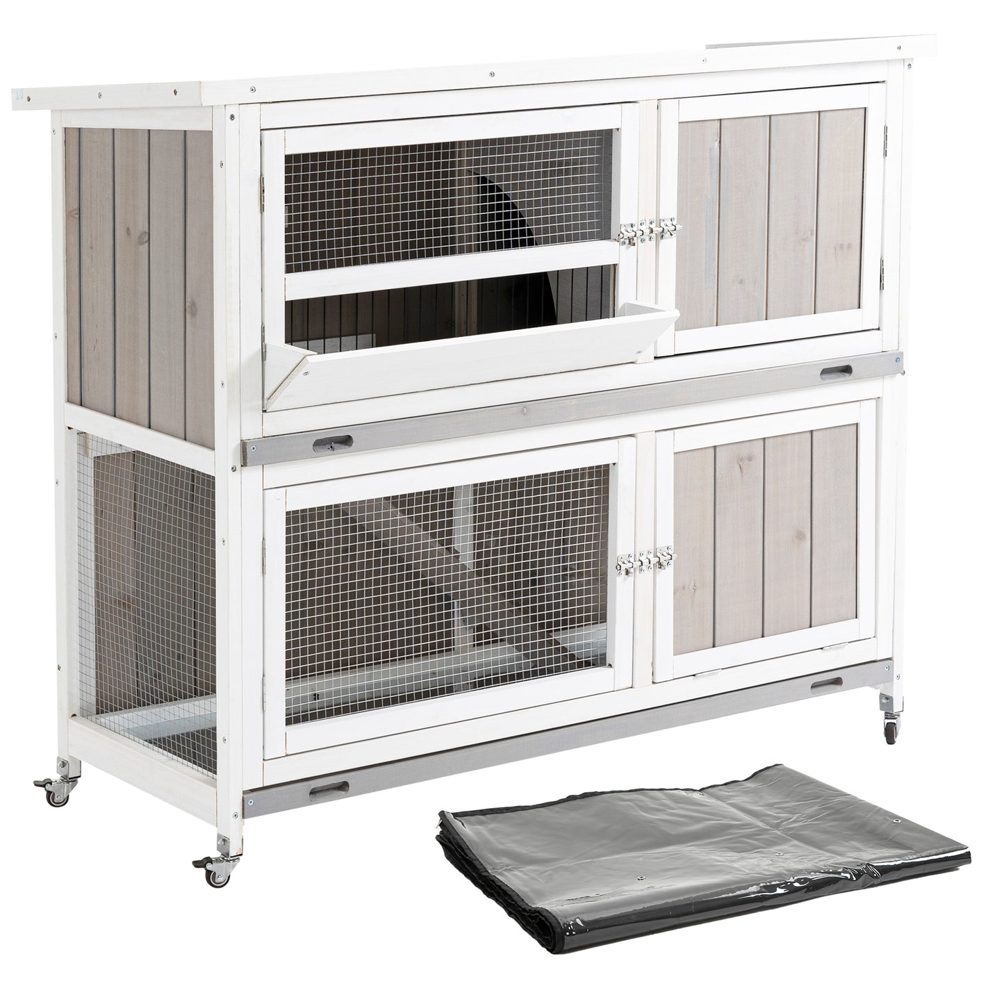 PawHut Rabbit Hutch Outdoor Guinea Pig Hutch Wooden Bunny House with Rain Cover Wheels for Indoor Outdoor, 122 x50 x100cm - Grey