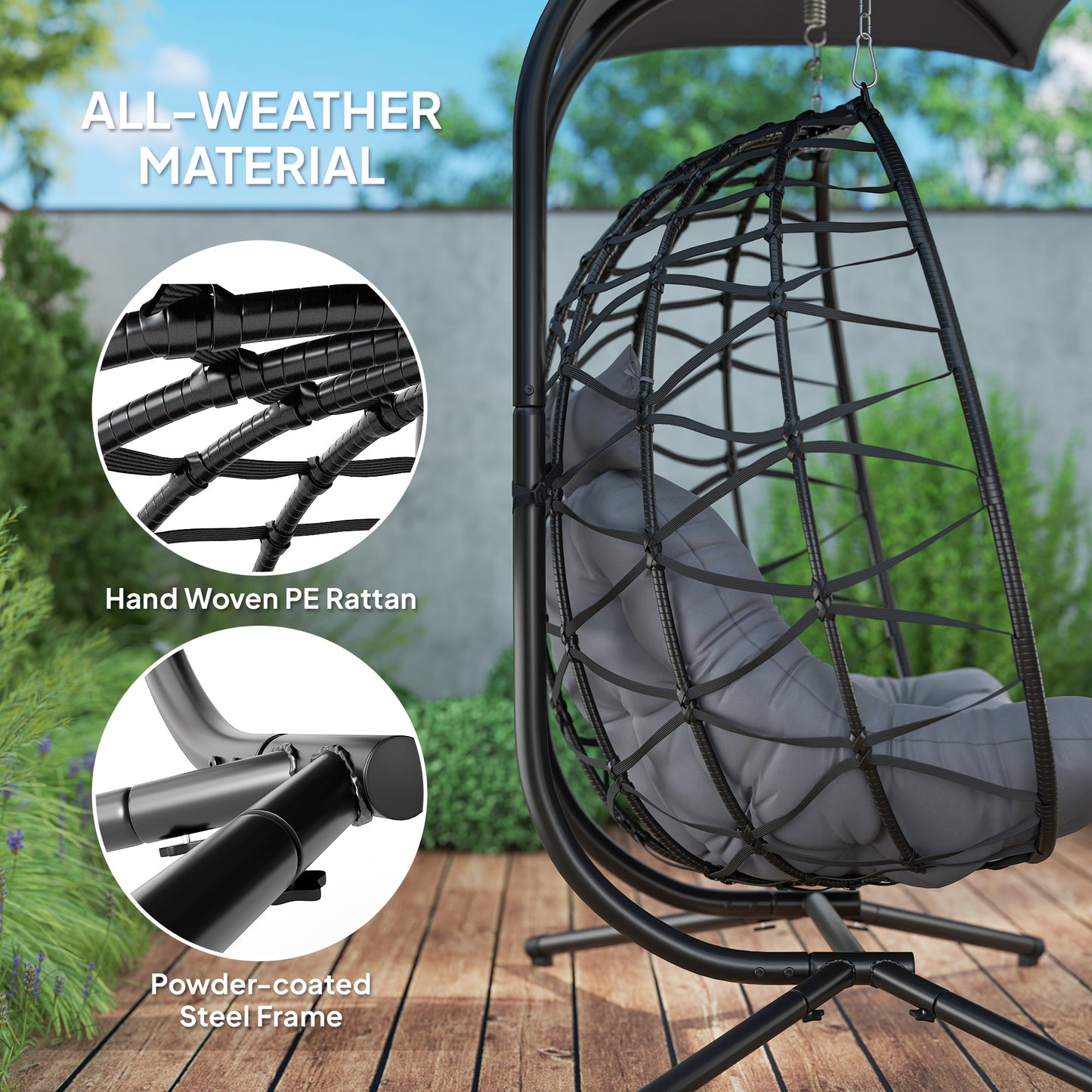 Outsunny Rattan Double Hanging Egg Chair z baldachimem, składany wiklinowy fotel hamakowy Egg z poduszką, poduszkami pod głowę, stojakiem, stalową ramą, fotelem hamakowym do wewnątrz i na zewnątrz, nośność 260 kg, czarny