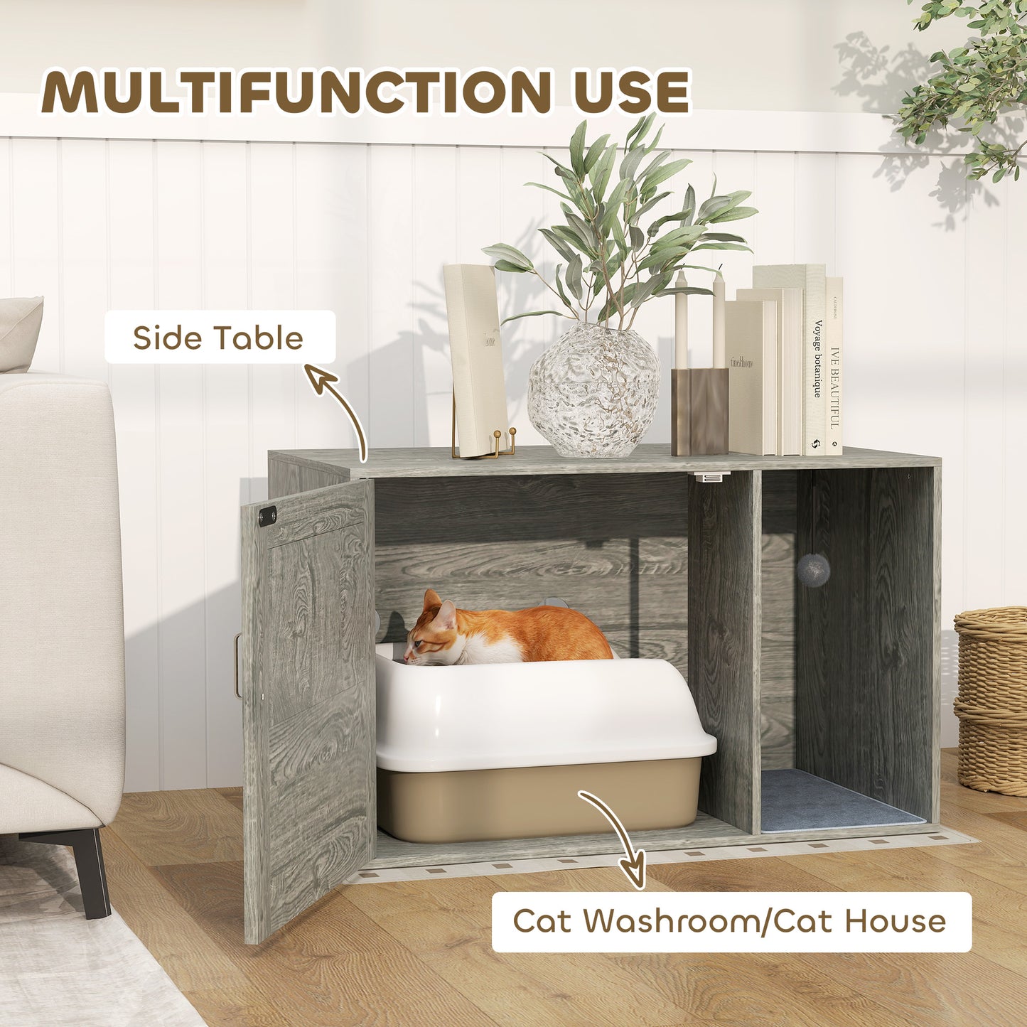 PawHut Cat Litter Box Enclosure z drzwiami rattanowymi, matą do drapania, piłką do zabawy, antypoślizgowymi podkładkami pod stopy, szary