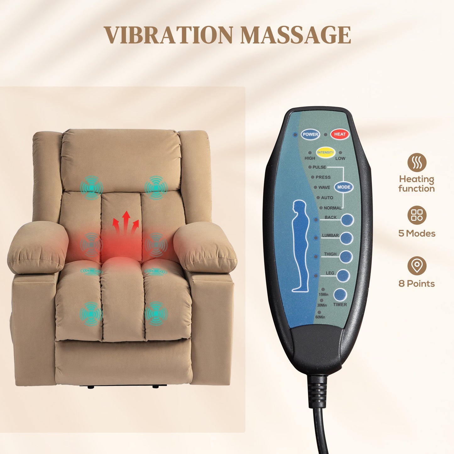 HOMCOM Power Lift Recliner Chair with Vibration Massage and Heat, Electric Lift Chair for Elderly, Overstuffed Fabric Riser and Reclining Armchair with USB Ports, Cup Holders, Light Brown