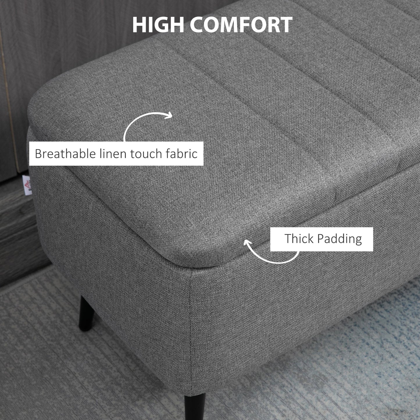 HOMCOM Storage Ottoman with Flip Top, Rectangular Upholstered Bench, Linen Look Fabric Footstool with Steel Legs for Living Room, Bedroom, Grey