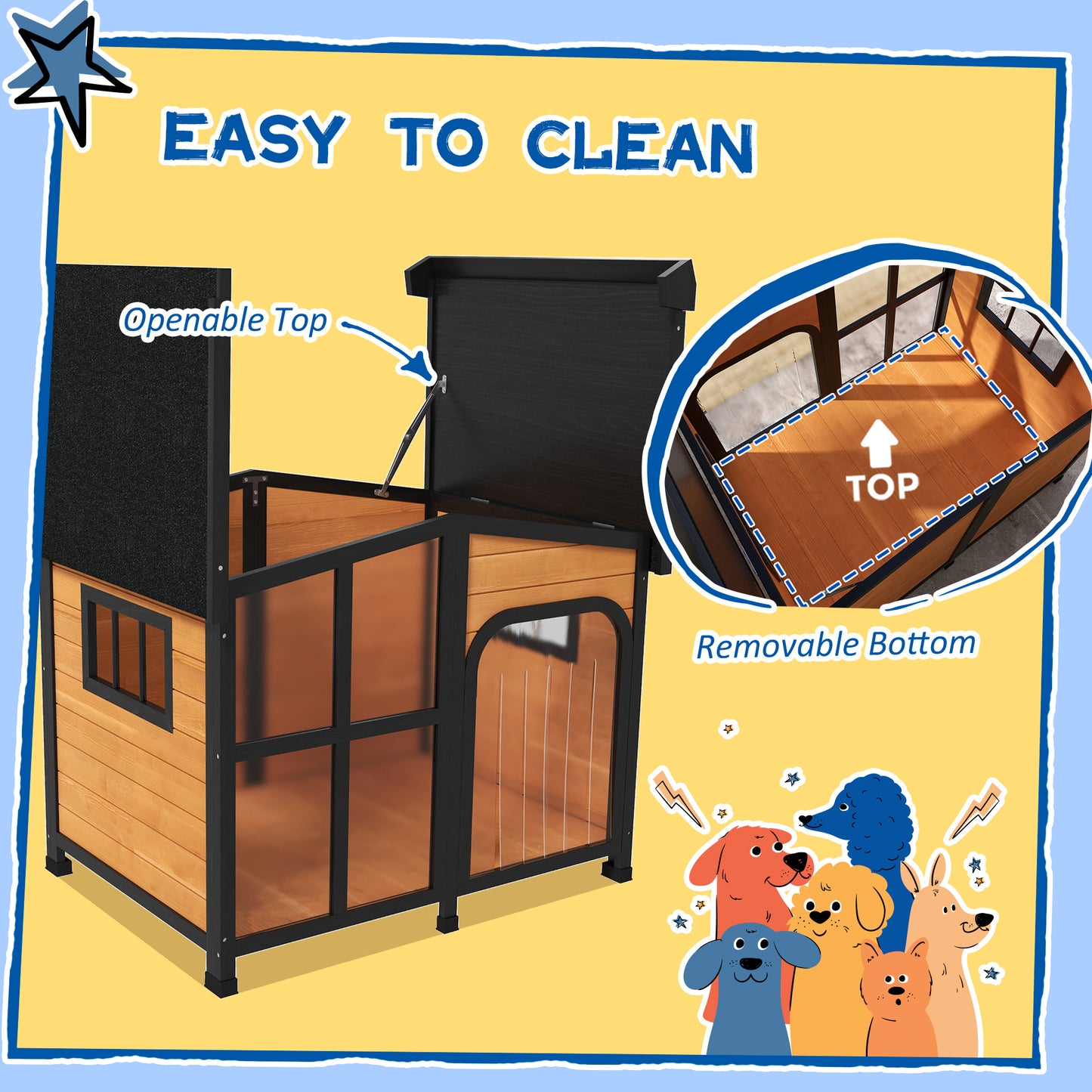 PawHut Wooden Dog Kennel with Removable Floor, Asphalt and Openable Roof, Large Window, for Large Dogs, Yellow