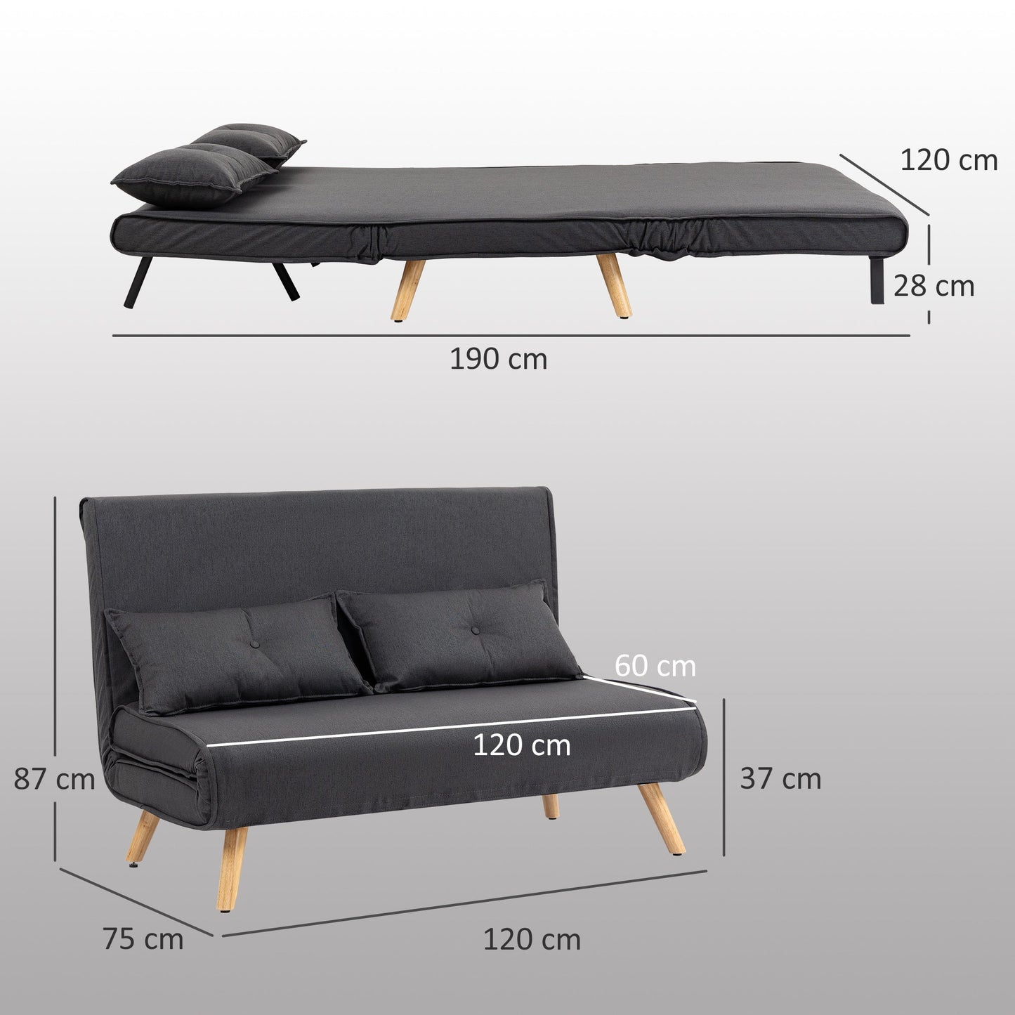HOMCOM Dwuosobowa sofa rozkładana z imitacją lnu - antracytowa