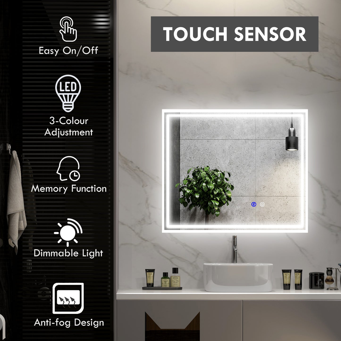 Lustro łazienkowe kleankin LED z oświetleniem, podświetlane lustro do makijażu, lustro toaletkowe z 3 kolorami, Smart Touch, przeciwmgielne