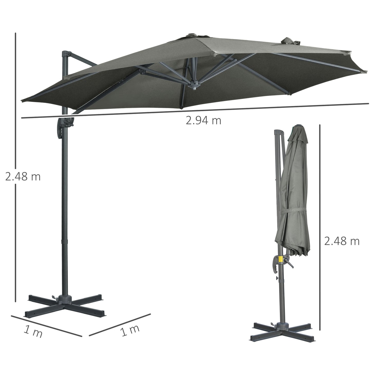 Outsunny 3 x 3(m) Cantilever Parasol with Cross Base, Garden Umbrella with 360¡ Rotation, Crank Handle and Tilt for Outdoor, Patio, Grey