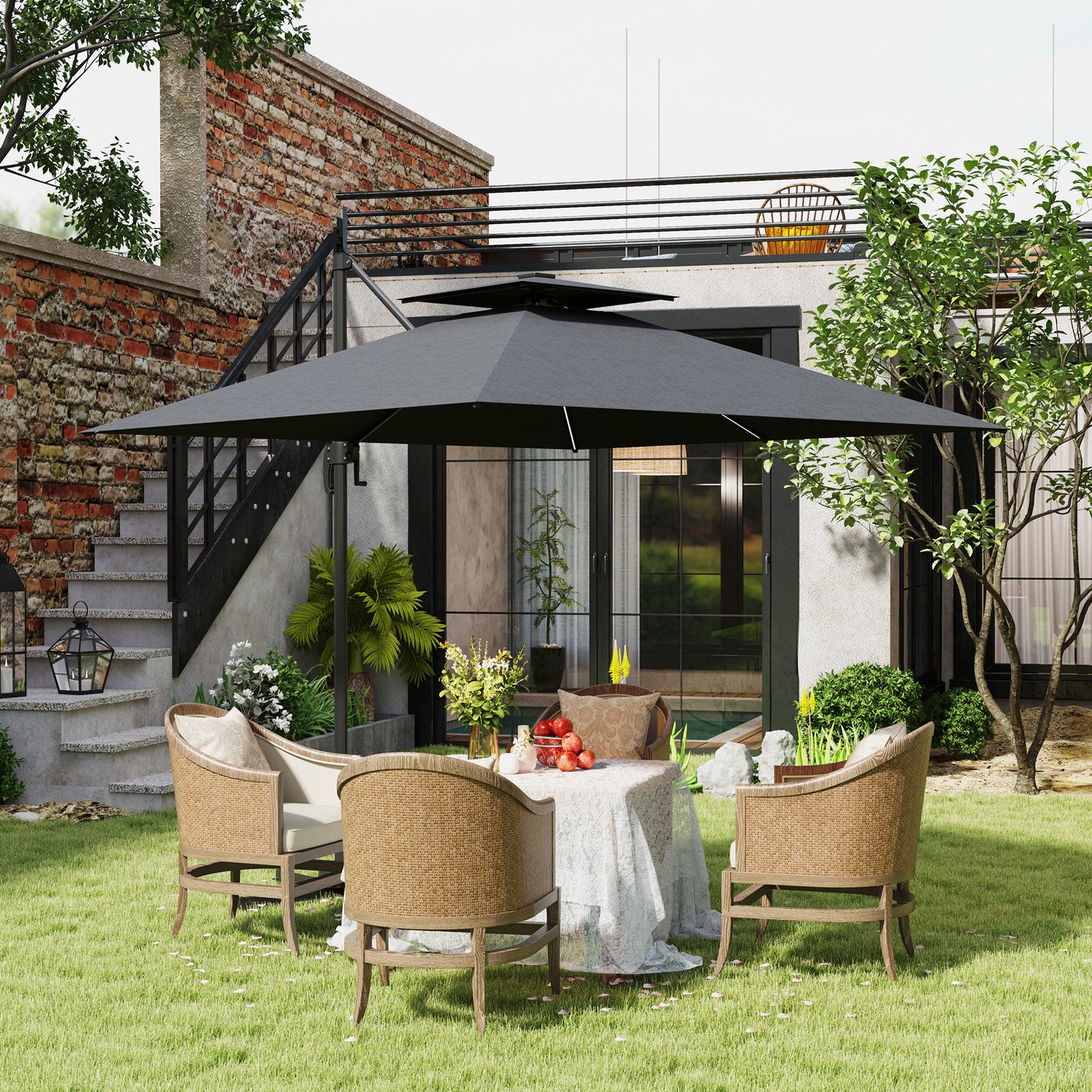 Outsunny 2,5 m parasol wspornikowy z lampami LED zasilanymi energią słoneczną, obrót 360√Ǭ∞, regulacja nachylenia, korba, ciemnoszary