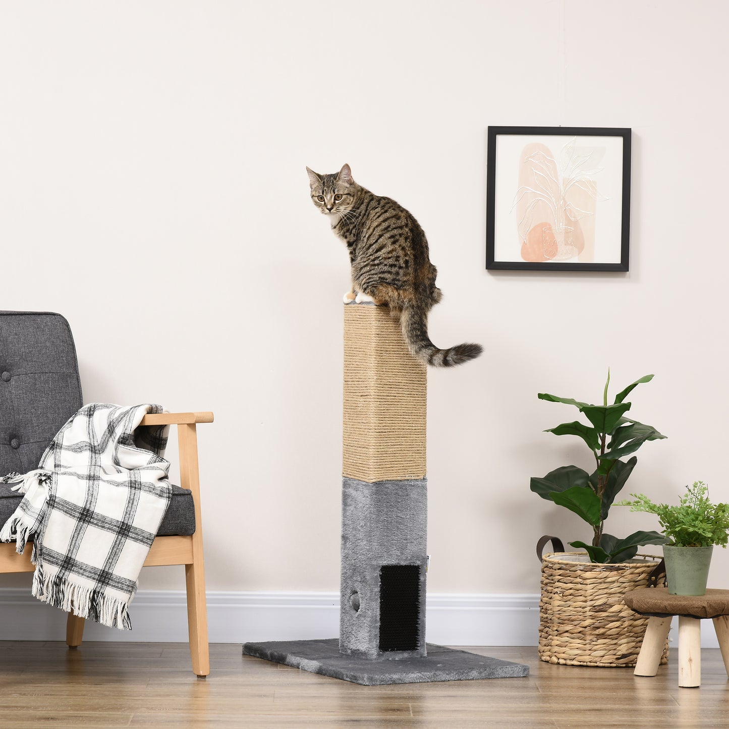 PawHut Cat Tree Scratching Post for Indoor Cats 79cm Jute Scratcher Climber w/ Carpet Base Dangling Toy – Grey