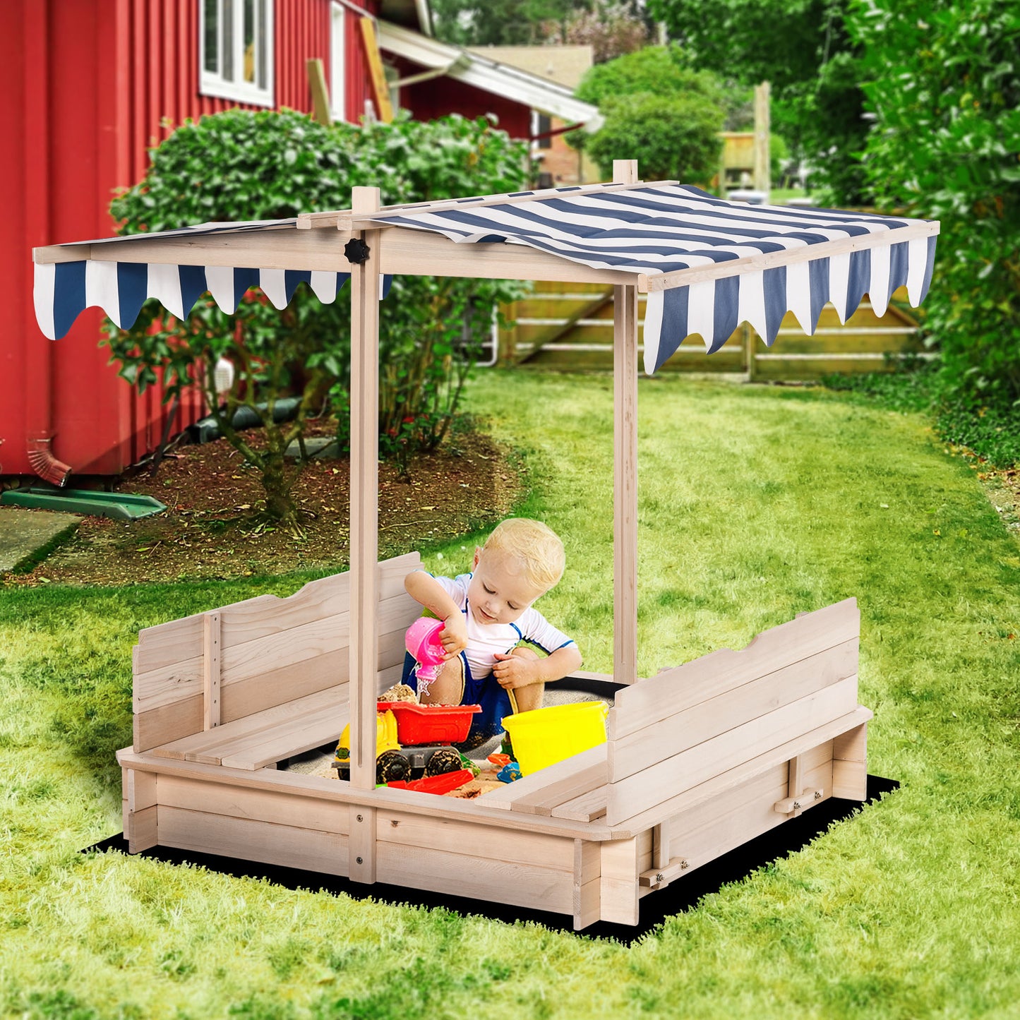 Outsunny Kids Drewniana piaskownica z pokrywkami Piaskownica dla dzieci Regulowana wysokość Baldachim do ogrodu, Ławka z funkcją rozkładania Zestaw do zabawy na podwórku, Baldachim w kolorze niebieskim i białym
