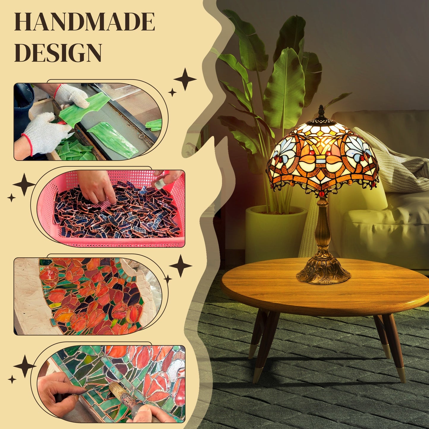 HOMCOM Stained Glass Table Lamp, Handcrafted Artisan Collectible, Suitable for Living Room and Bedside, Multi-Coloured, Ф30 x 48Hcm, Zinc Alloy.