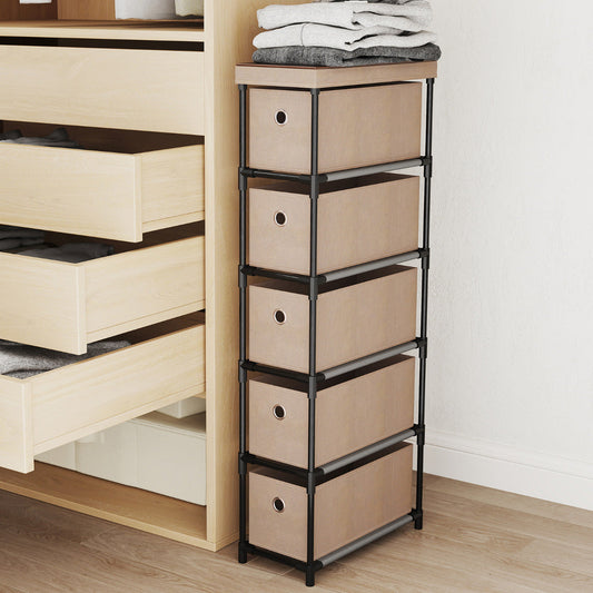 Narrow Dresser with 5 Drawers Slim Storage Tower with Metal Frame-Coffee