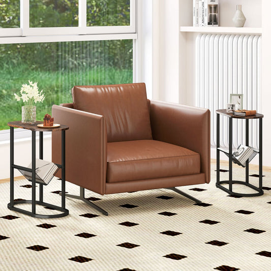 2-Tier Oval End Table Set of 2 Space-saving Slim Couch Side Table -Rustic Brown