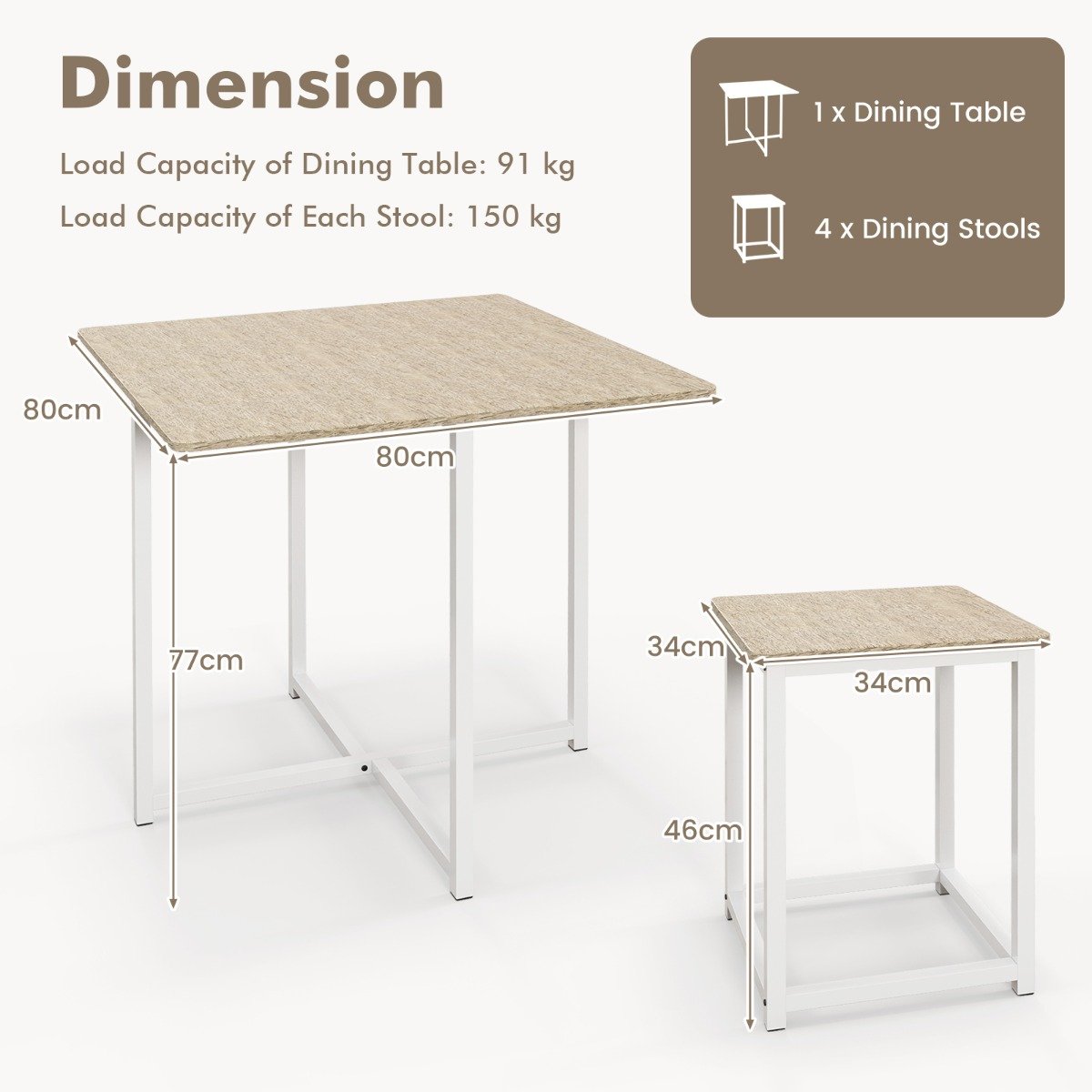 5-Piece Dining Table Set with 4 Square Stools for Breakfast Nook-Natural