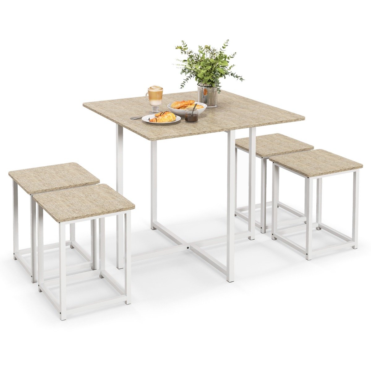5-Piece Dining Table Set with 4 Square Stools for Breakfast Nook-Natural