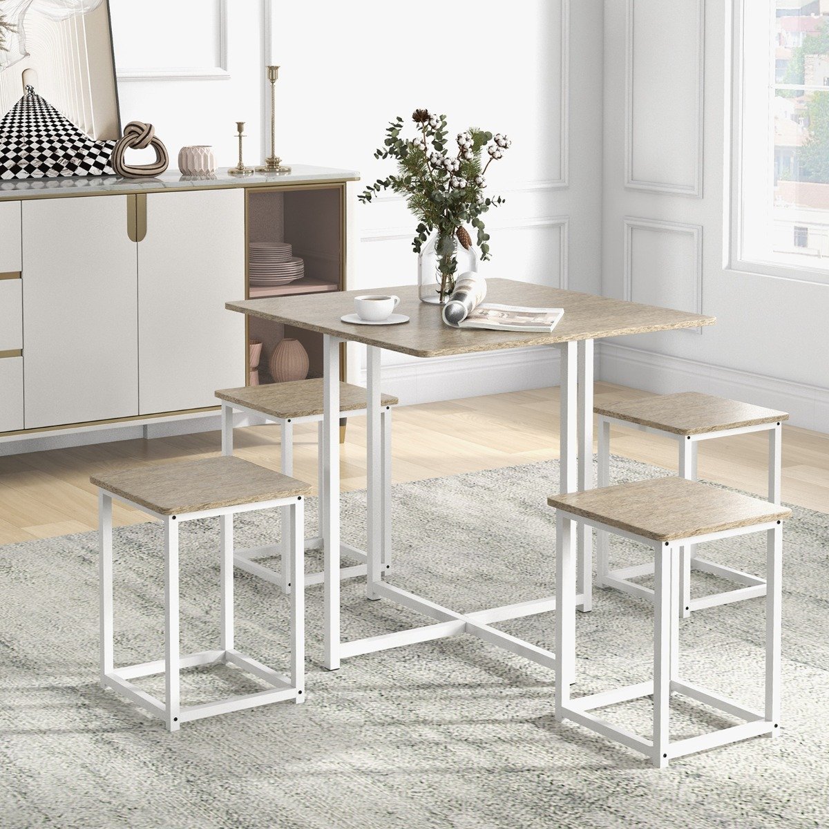 5-Piece Dining Table Set with 4 Square Stools for Breakfast Nook-Natural