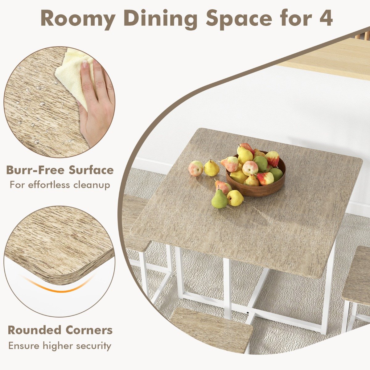 5-Piece Dining Table Set with 4 Square Stools for Breakfast Nook-Natural