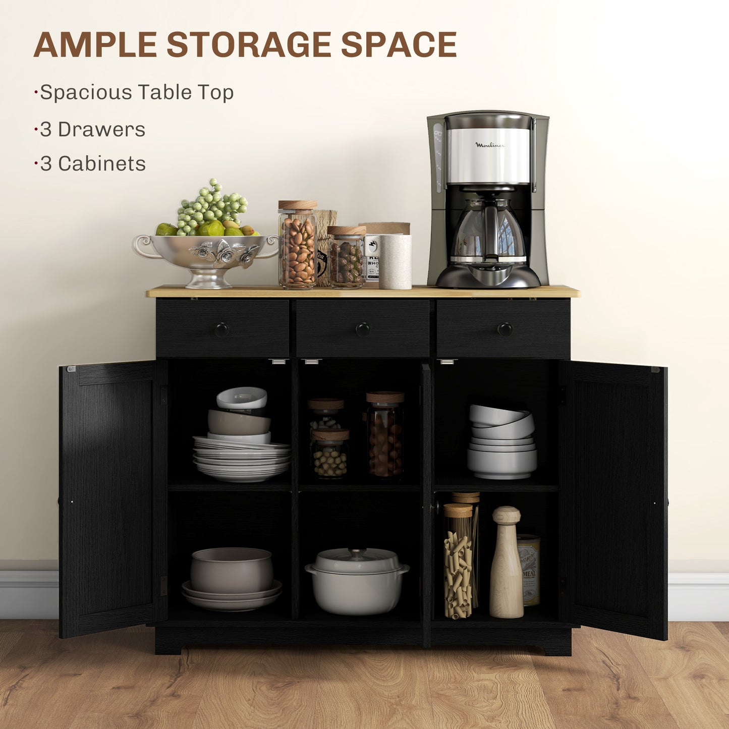HOMCOM Sideboard with Rubberwood Top and Adjustable Shelves for Dining Room, Kitchen - Black Wood-Effect