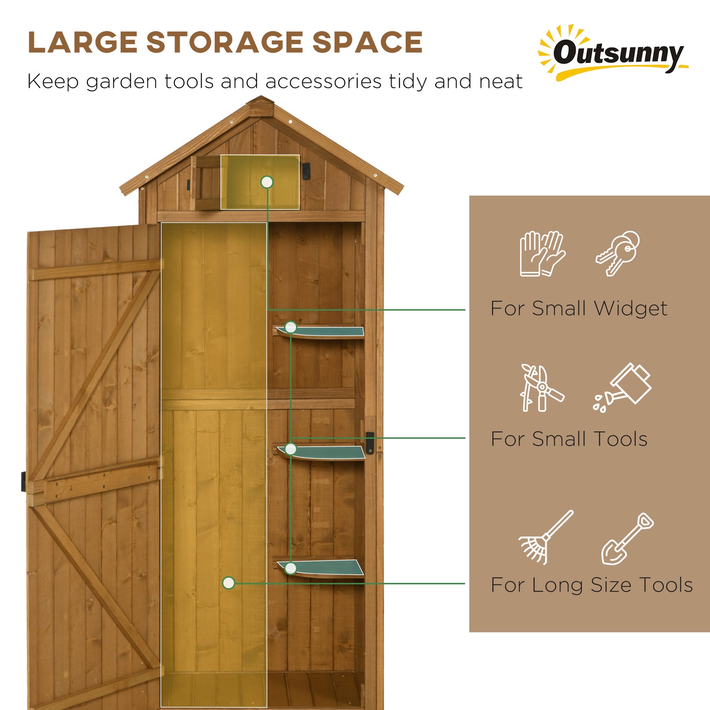 Outsunny Garden Shed Vertical Utility 3 Shelves Shed Wood Outdoor Garden Tools Storage Unit Storage Cabinet, 77 x 54,2 x 179 cm - brązowy