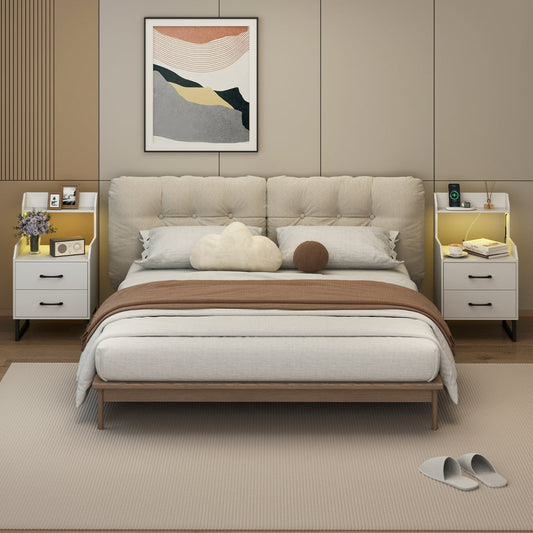 Nightstand Modern Bedside Table Set of 2 with Built-in Charging Station-White