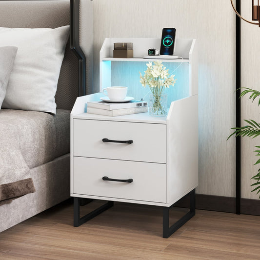 Nightstand Modern Bedside Table with Built-in Charging Station-White