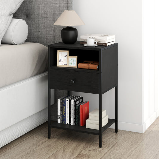 Nightstand with Open Compartment and Storage Shelf-Black