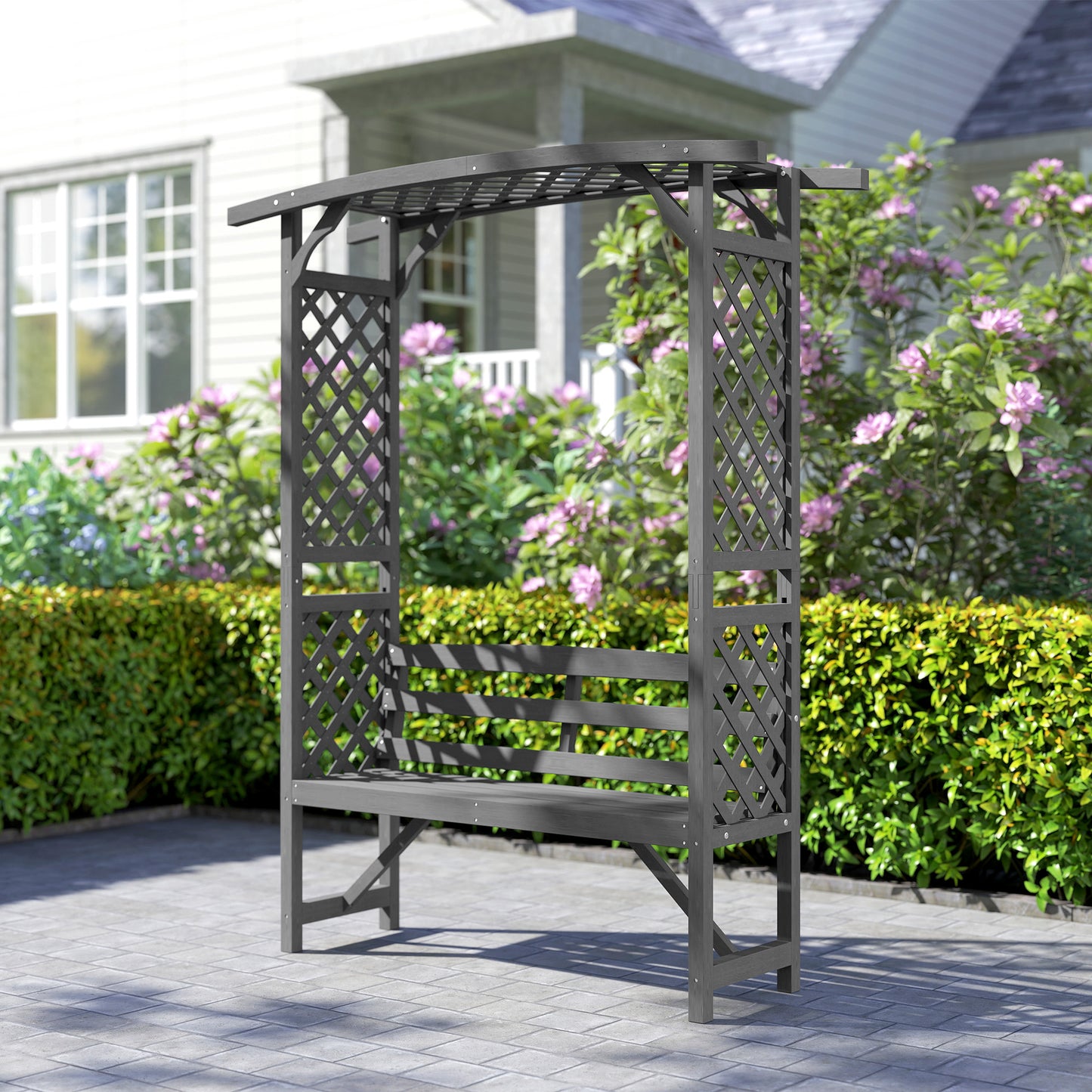 Outsunny Garden Bench, drewniana altana ogrodowa z siedziskiem dla winorośli/roślin pnących, szara