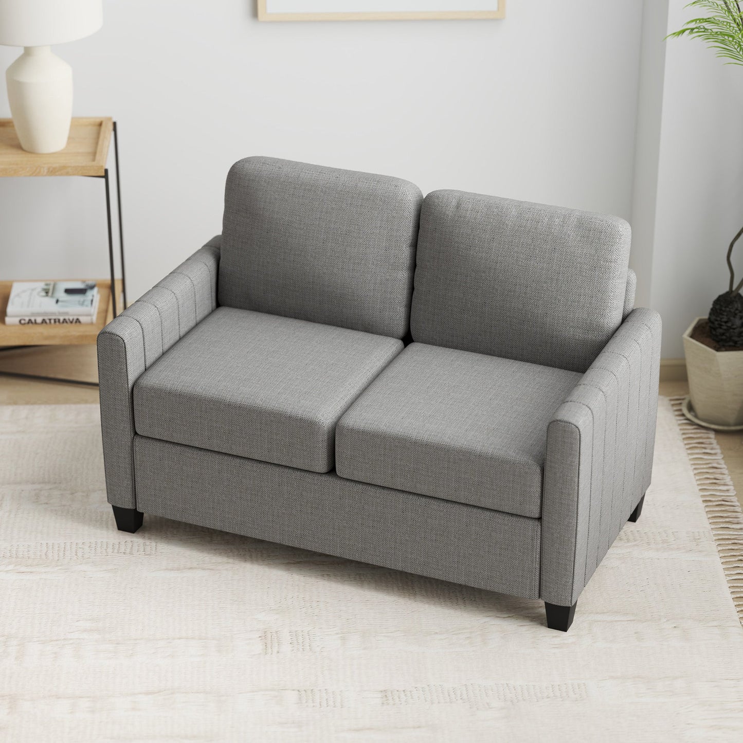 HOMCOM 2 Seater Sofa, Channel Tufted Modern Fabric Couch, Comfy Upholstered Loveseat with Spring Cushion, Back Pillow, for Living Room, Bedroom, Office, Light Grey