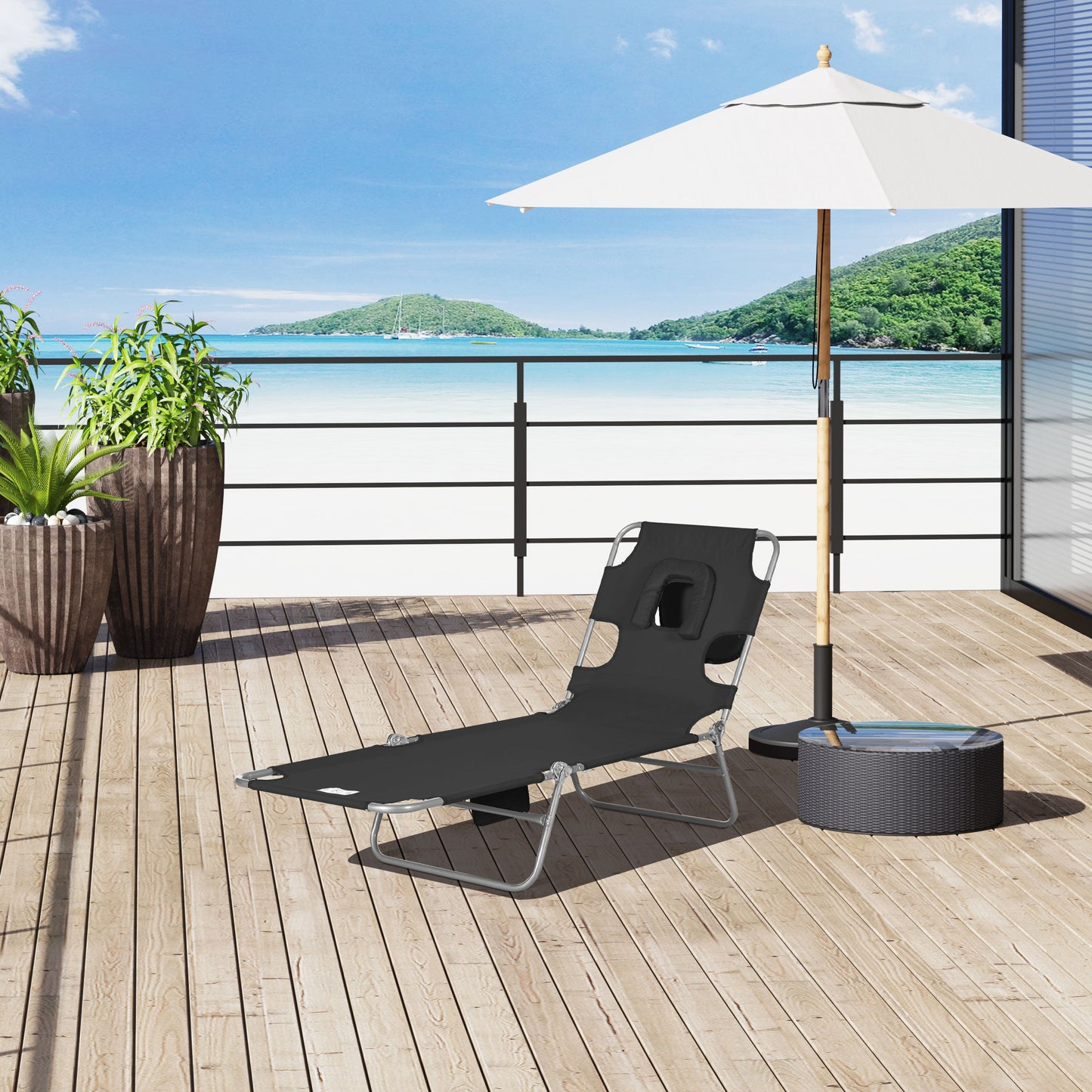 Outsunny Foldable Sun Lounger, Beach Chaise Lounge with Reading Hole, Arm Slots, 5-Position Adjustable Backrest, Side Pocket, Pillow for Garden, Beach, Pool, Black