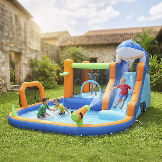 AIYAPLAY Inflatable Bouncy Castle for Kids, Sharks Theme Jumping Bounce House with Slide, Climbing Wall for Indoor Outdoor