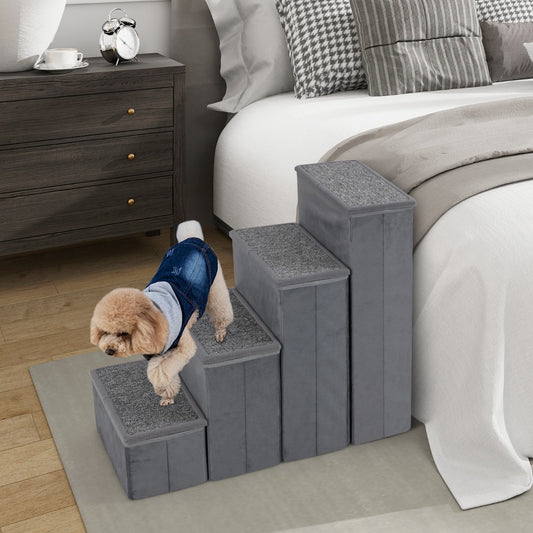 4-Step Non-slip Foldable Dog Stairs with Adjustable Steps-Grey