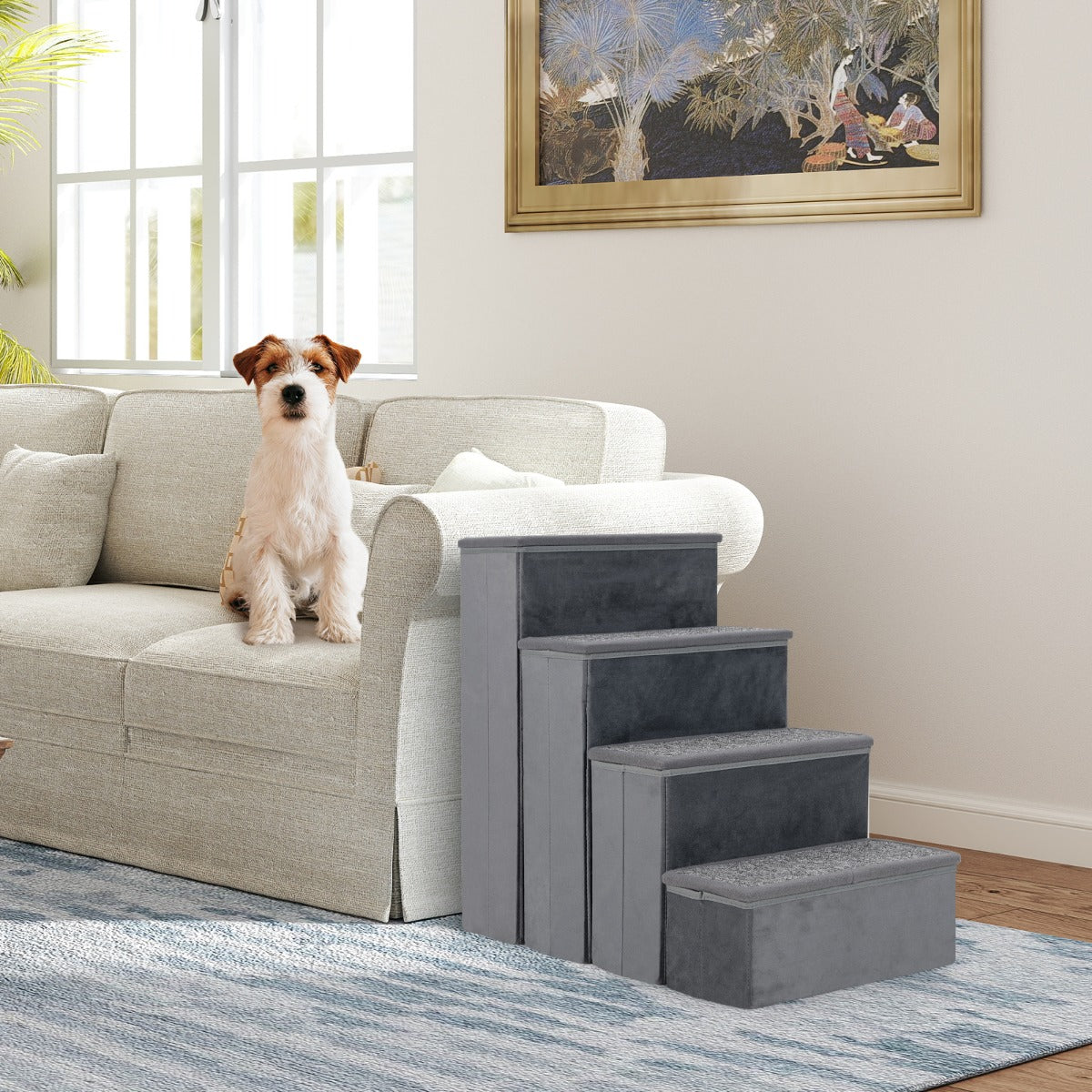 4-Step Non-slip Foldable Dog Stairs with Adjustable Steps-Grey