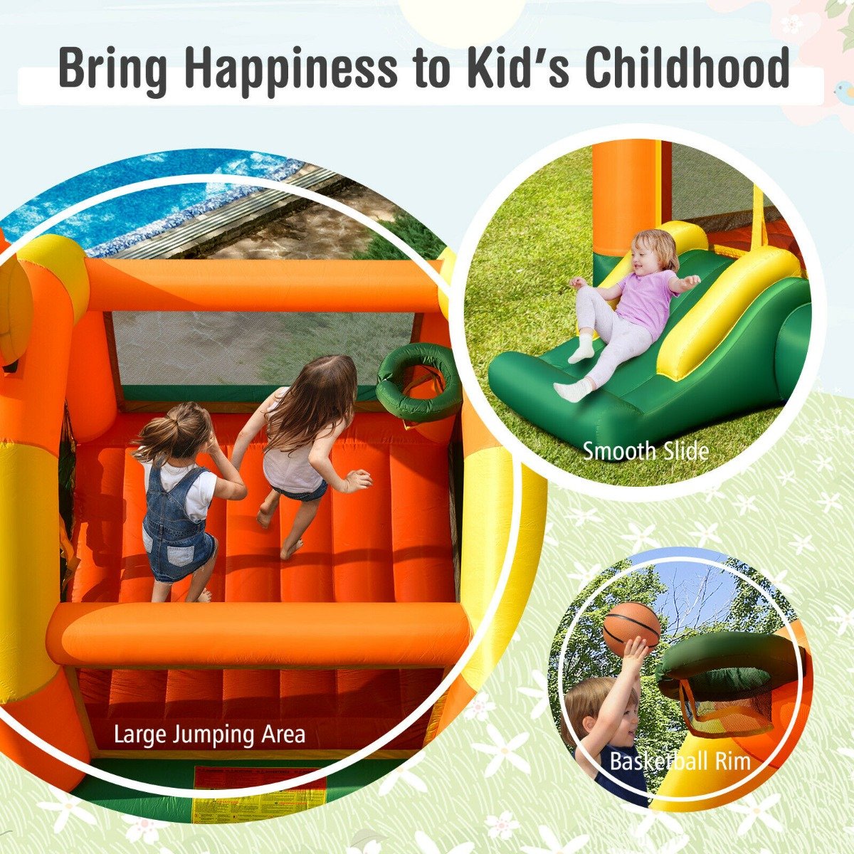 Inflatable Bounce House with Slide and Basketball Rim